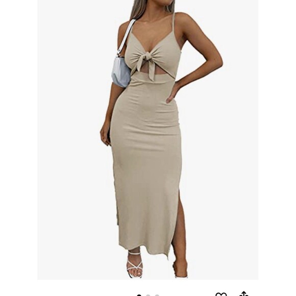 Lyaner Beige Sleeveless Cut-Out Front Midi Dress Women's Medium Body Con - Picture 2 of 9